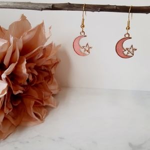 Pink Enamel Moon and Star Earrings